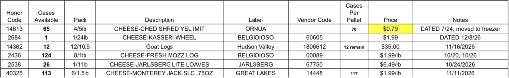Honor Foods Dairy Push List 10/09/26